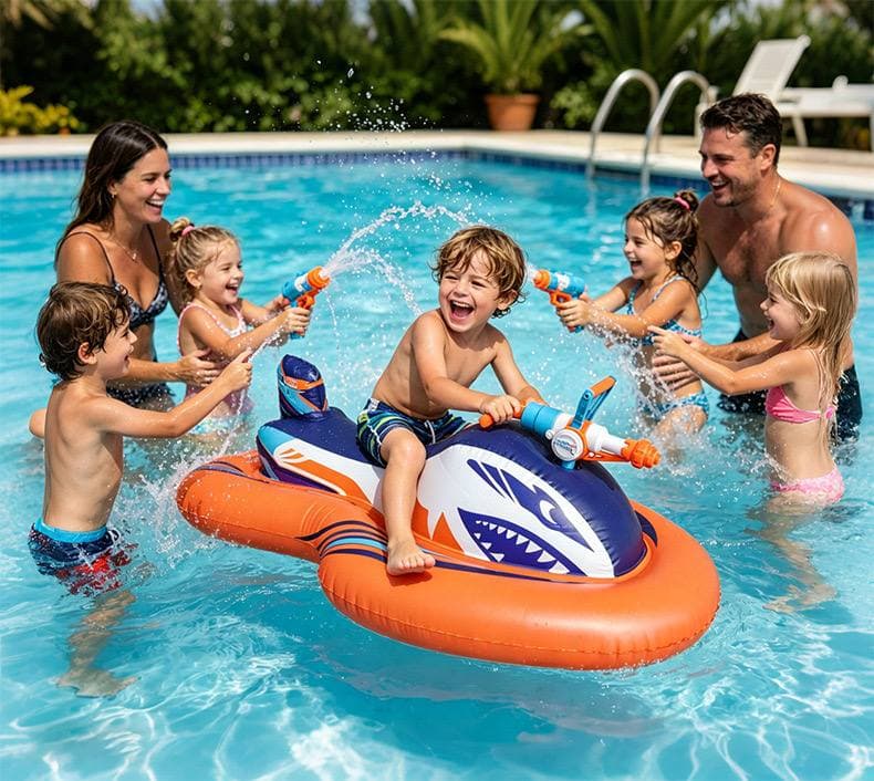 Kids in a pool water battle around the BlastRider ride-on water blaster